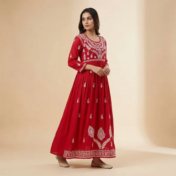 Pure_CHikankari_Red_Cotton_Gown_For_Women