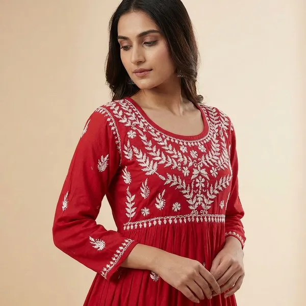 Pure_CHikankari_Red_Cotton_Gown_For_Women