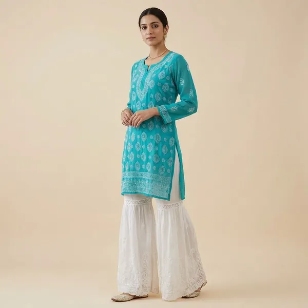 Pure_Chikankari_Blue_Cotton_Sharara_Set_For_Women