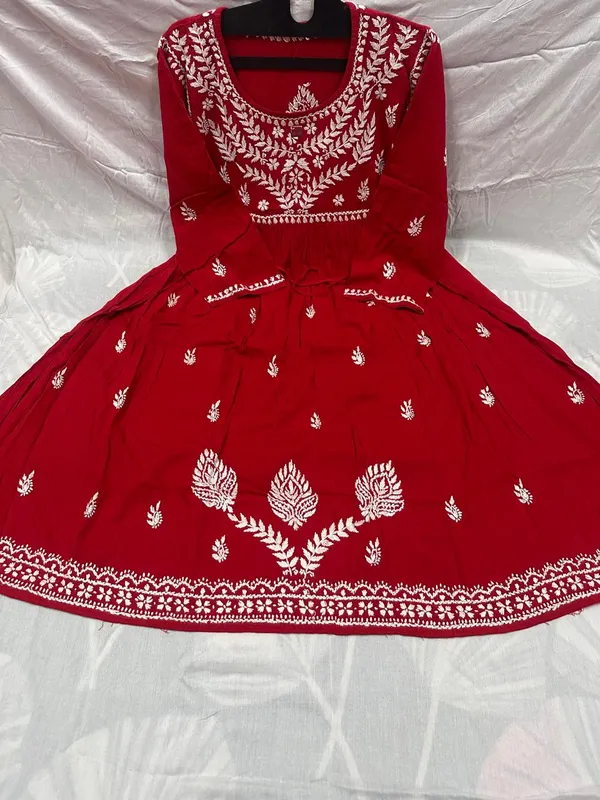 Pure_CHikankari_Red_Cotton_Gown_For_Women