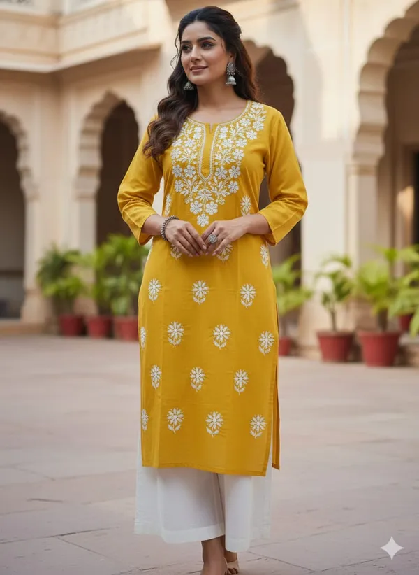 Pure_Chikankari_Baby_Pink_And_Pure_Chikankari_Yellow_Rayon_Long_Kurti_For_Women_(Pack_Of_2)
