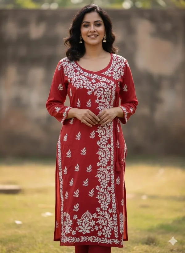 Pure_Chikankari_Red_Cotton_Angrakha_For_Women