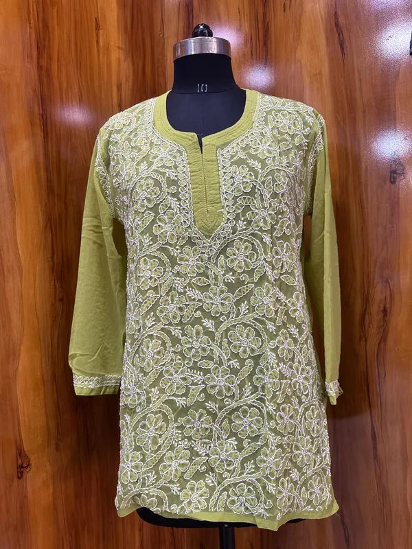 Pure_Chikankari_Light_Green_Georgette__Short_Kurti_For_Women