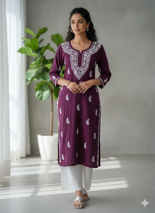 Pure_Chikankari_Burgundy_Rayon_Long_Kurti_For_Women