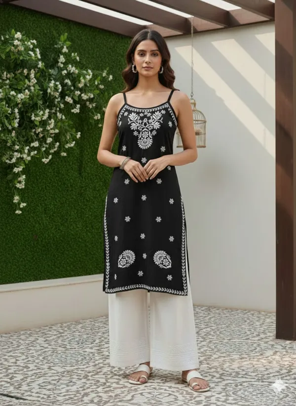 Pure_Chikankari_Black_Rayon_Sleeveless_Kurti_For_Women