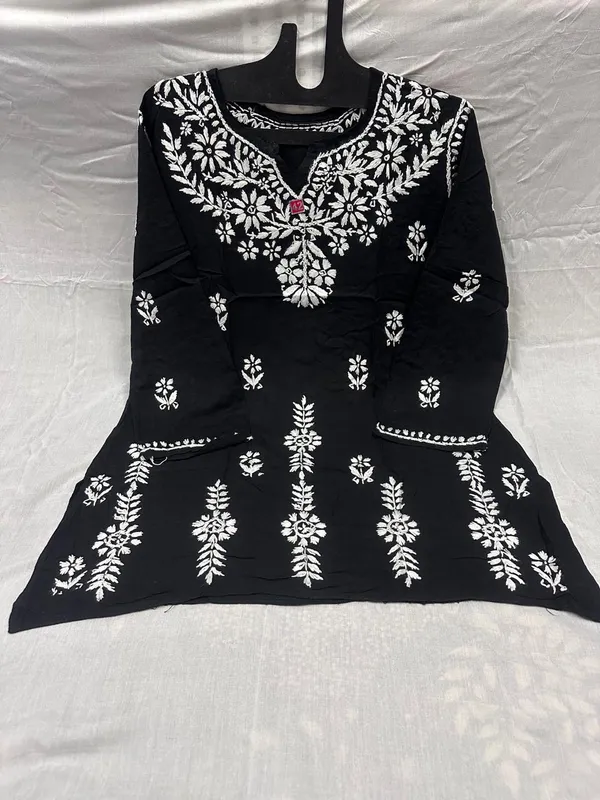 Pure_Chikankari_Black_Rayon_Short_Kurti_For_Women