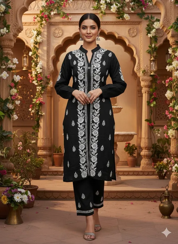 Pure_Chikankari_Black_Rayon_Pant_Set_For_Women