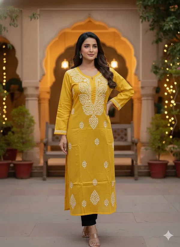 Pure_Chikankari_Yellow_Cotton_Long_Kurti_For_Women