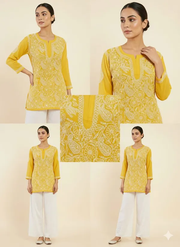 Pure_Chikankari_Yellow_Georgette__Short_Top_For_Women