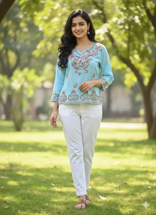 Pure_Chikankari_Sky_Blue_Rayon_Short_Top_For_Women