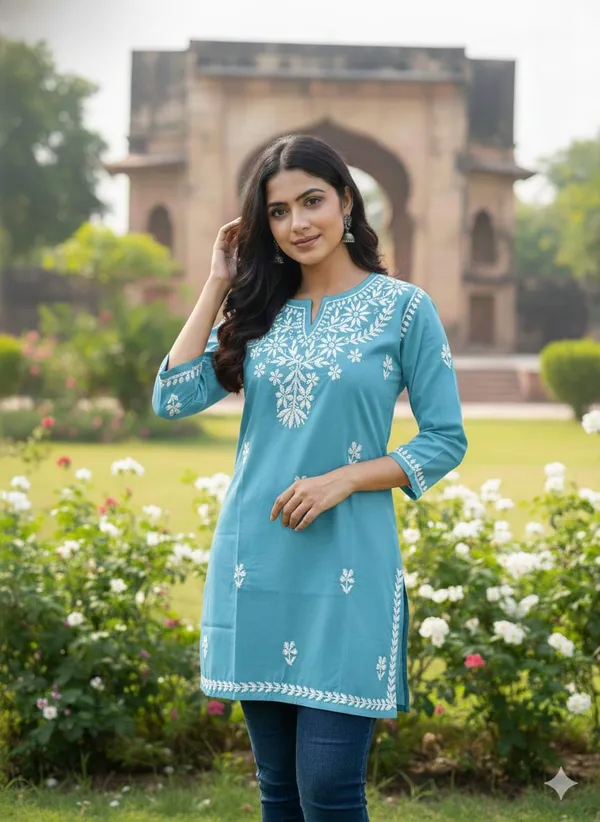 Pure_Chikankari_Sky_Blue_Cotton_Short_Top_For_Women