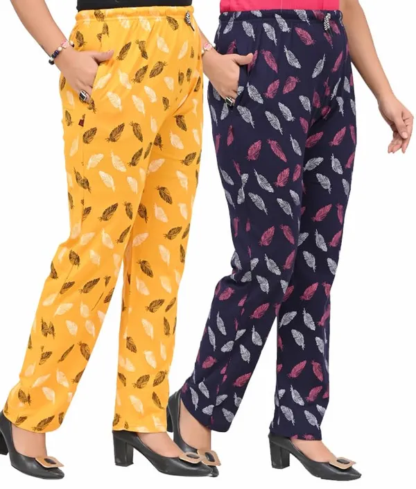 Yellow_And_Navy_Blue_Cotton_Permium_Lounge_Pants_For_Women