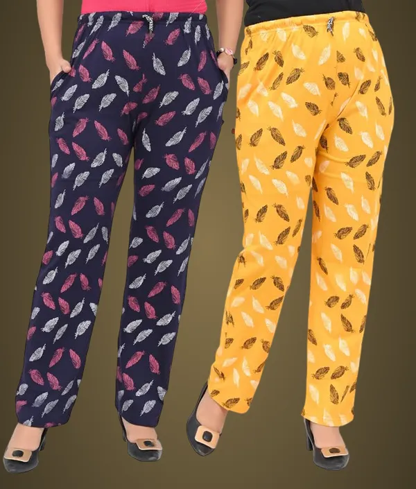 Yellow_And_Navy_Blue_Cotton_Permium_Lounge_Pants_For_Women