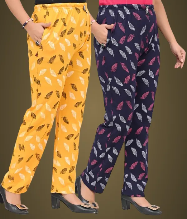 Yellow_And_Navy_Blue_Cotton_Permium_Lounge_Pants_For_Women