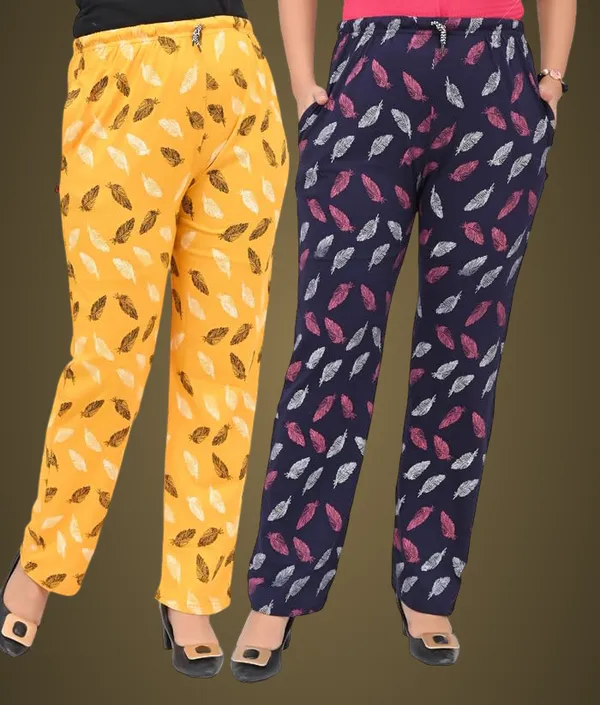 Yellow_And_Navy_Blue_Cotton_Permium_Lounge_Pants_For_Women