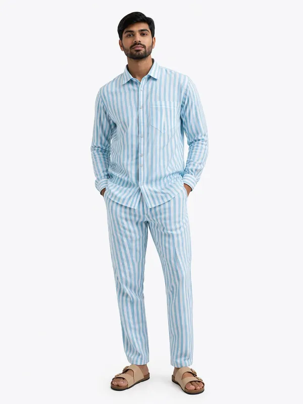 Hiluba_Tid_Men’s_Blue_&_White_Striped_Co-Ord_Set_|_Shirt_&_Trouser_Set_|_Regular_Fit_|_Casual_&_Summer_Wear
