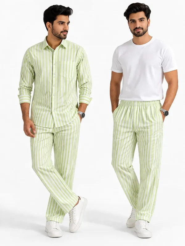 Hiluba_Tid_Men’s_Green_&_White_Striped_Co-Ord_Set_|_Shirt_&_Trouser_+_Elastic_Waist_Trouser_|_Regular_Fit_|_Summer_Casual_Wear