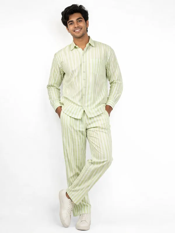 Hiluba_Tid_Men’s_Green_&_White_Striped_Co-Ord_Set_|_Shirt_&_Trouser_+_Elastic_Waist_Trouser_|_Regular_Fit_|_Summer_Casual_Wear