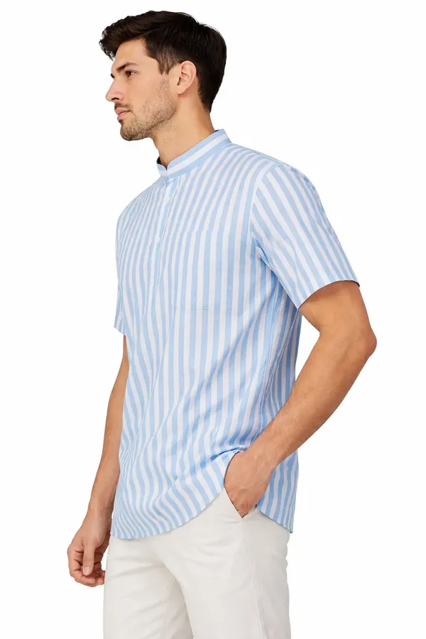Men’s_Blue_Striped_Short_Kurta_(Nylon_Fabric)