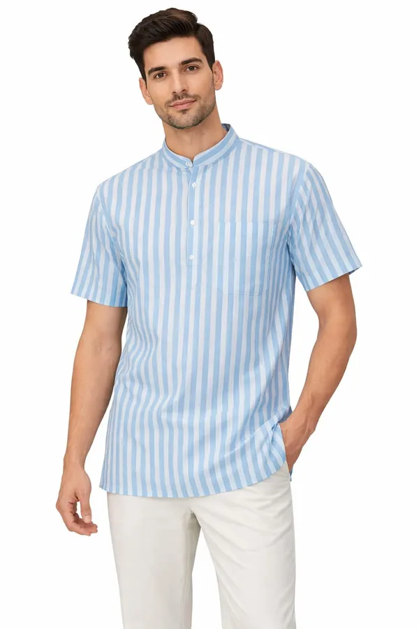 Men’s_Blue_Striped_Short_Kurta_(Nylon_Fabric)