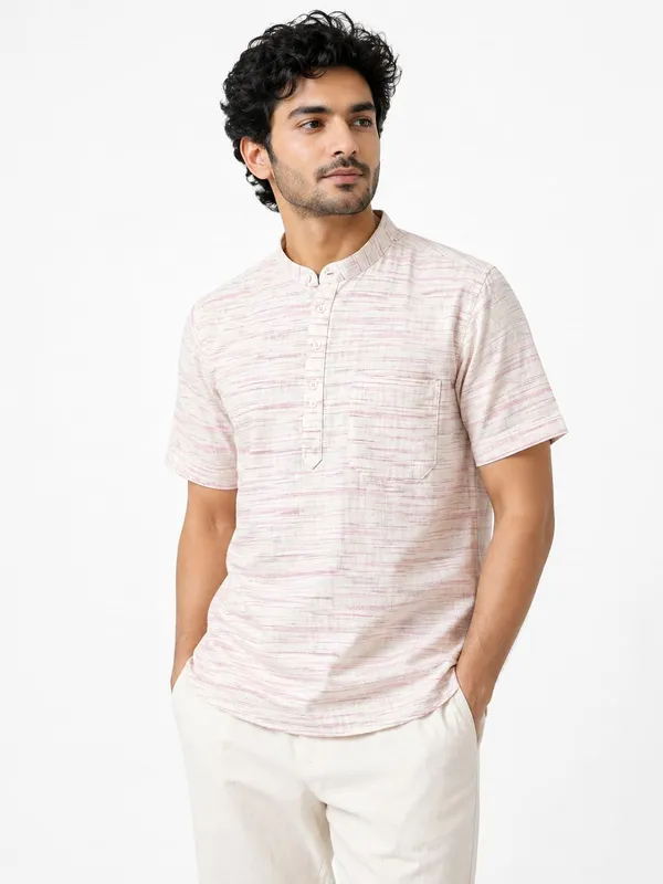 Men’s_Cream_Pink_Textured_Short_Kurta_–_Khadi_Cotton_Nylon_Blend