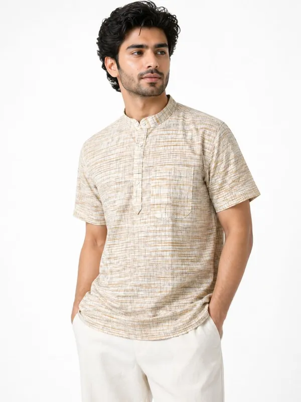 Men’s_Khadi_Cotton_Lycra_Short_Kurta_–_Beige__cream_chiku_Textured_Casual_Kurta