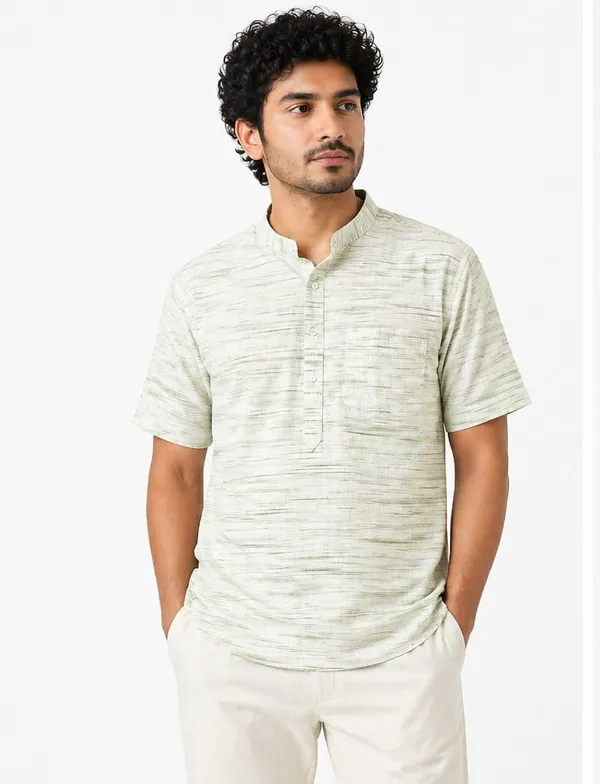 Men’s_Khadi_Cotton_Lycra_Short_Kurta_–_apple_Green_Textured_Casual_Kurta