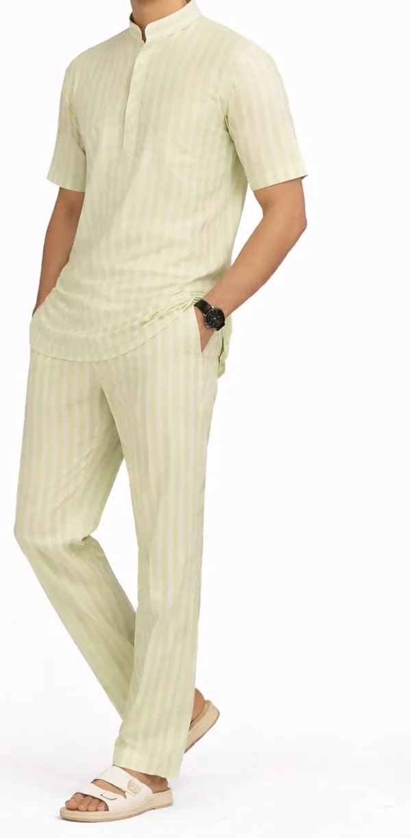 Men’s_Light_Green_Striped_Short_Kurta_–_Mandarin_Collar_Casual_Wear