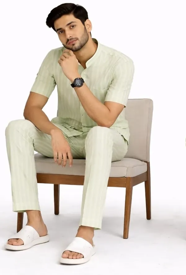 Men’s_Light_Green_Striped_Short_Kurta_–_Mandarin_Collar_Casual_Wear