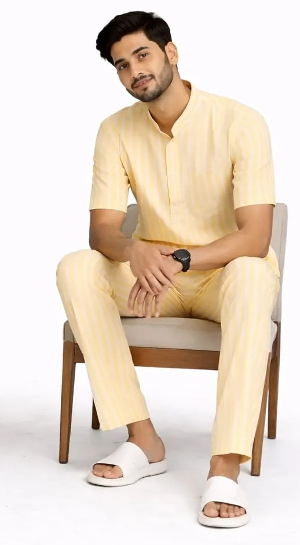 Men’s_Mustard_Yellow_Striped_Short_Kurta_–_Mandarin_Collar_Casual_Wear