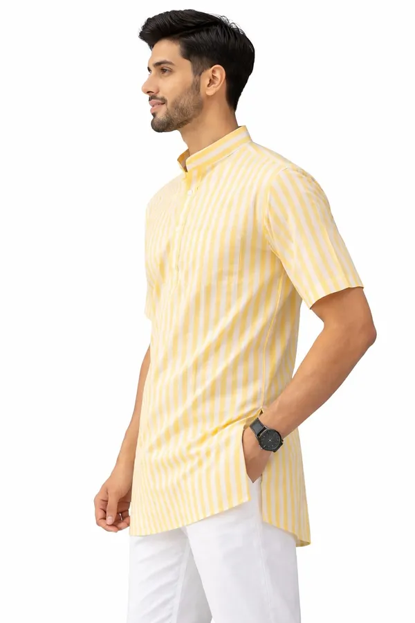 Men’s_Yellow_Striped_Short_Kurta_(Nylon_Fabric)