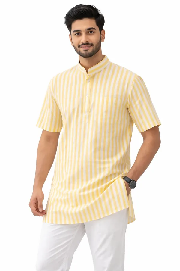 Men’s_Yellow_Striped_Short_Kurta_(Nylon_Fabric)