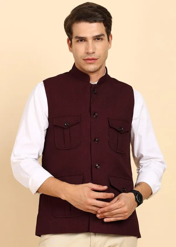 Burgandy_Stylish_Woolen_Waistcoat_With_Pockets_Button_Closure_Slim_Fit_Vest_For_Men