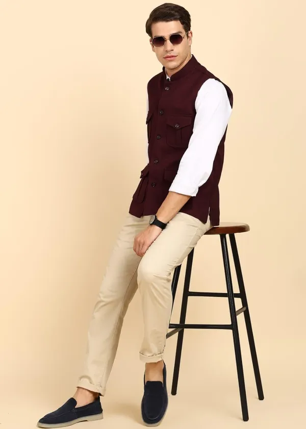 Burgandy_Stylish_Woolen_Waistcoat_With_Pockets_Button_Closure_Slim_Fit_Vest_For_Men