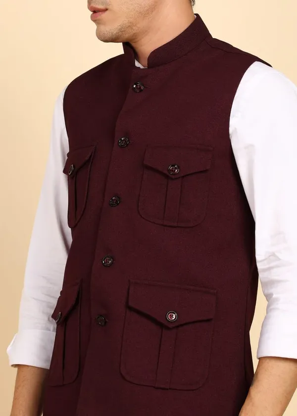 Burgandy_Stylish_Woolen_Waistcoat_With_Pockets_Button_Closure_Slim_Fit_Vest_For_Men