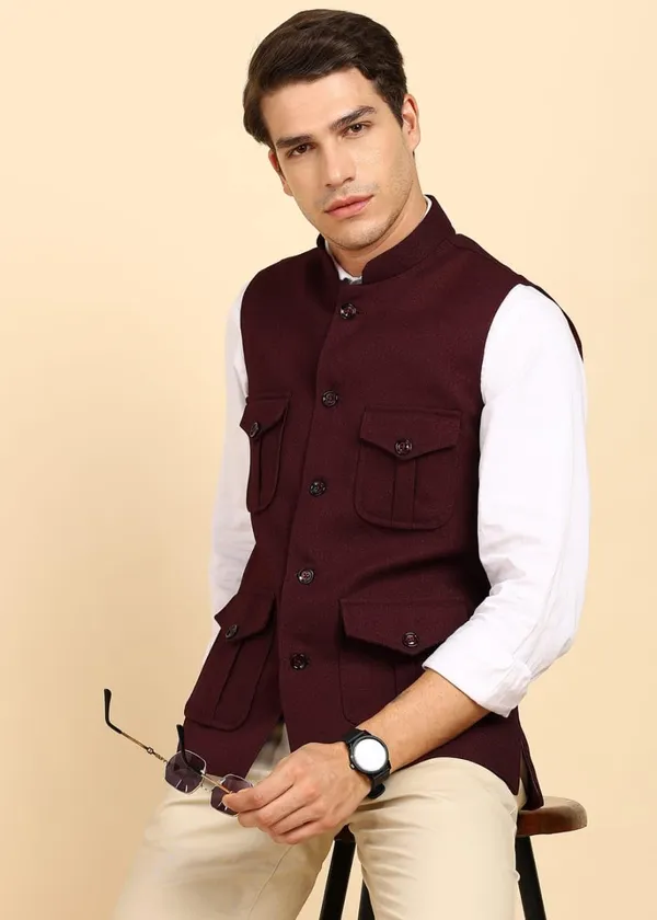 Burgandy_Stylish_Woolen_Waistcoat_With_Pockets_Button_Closure_Slim_Fit_Vest_For_Men