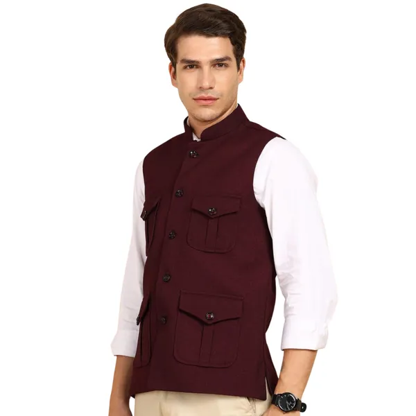 Burgandy_Stylish_Woolen_Waistcoat_With_Pockets_Button_Closure_Slim_Fit_Vest_For_Men
