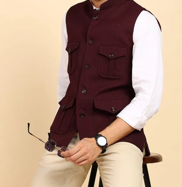 Burgandy_Stylish_Woolen_Waistcoat_With_Pockets_Button_Closure_Slim_Fit_Vest_For_Men