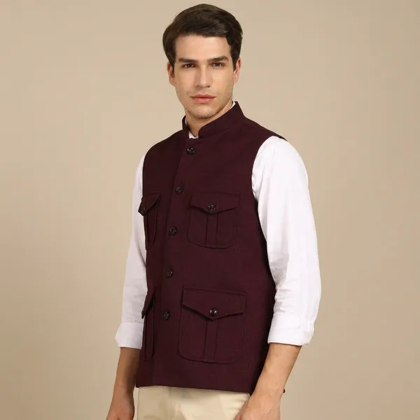 Burgandy_Stylish_Woolen_Waistcoat_With_Pockets_Button_Closure_Slim_Fit_Vest_For_Men