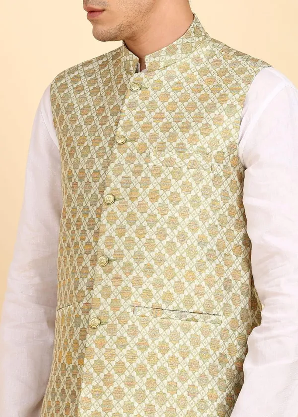 Cream_Stylish_Ethnic_Waistcoat_Designer_Button_Closure_Vest_Traditional_Kurta_Jacket_For_Men