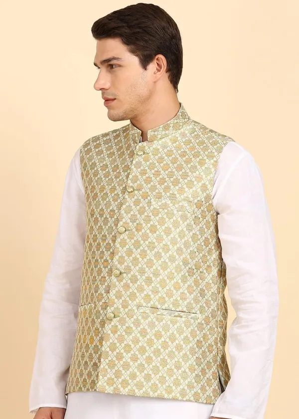 Cream_Stylish_Ethnic_Waistcoat_Designer_Button_Closure_Vest_Traditional_Kurta_Jacket_For_Men