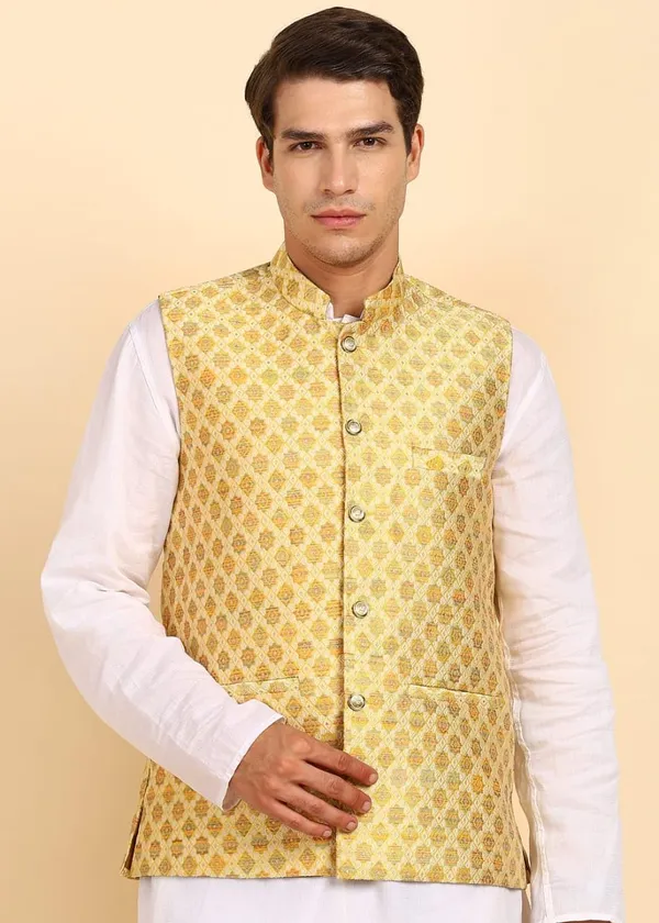 Golden_Stylish_Ethnic_Waistcoat_Designer_Button_Closure_Vest_Traditional_Kurta_Jacket_For_Men