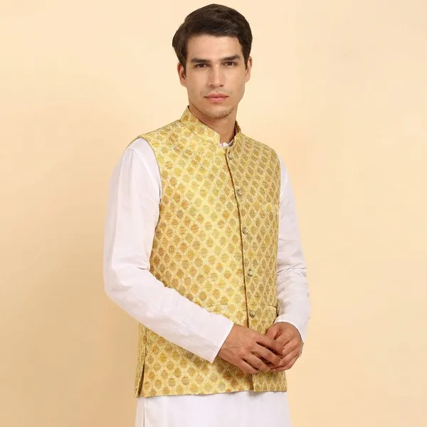 Golden_Stylish_Ethnic_Waistcoat_Designer_Button_Closure_Vest_Traditional_Kurta_Jacket_For_Men