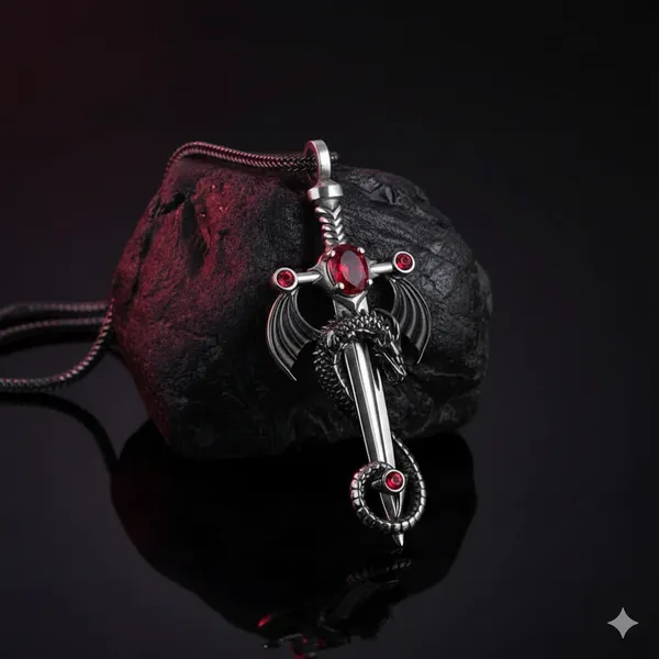 Set_of_2_Dragon_Sword_&_Warrior_Shield_Pendant_Combo_for_Men_–_Antique_Silver_Finish_with_Ruby_Red_&_Sapphire_Blue_Crystal_Accents_–_Stainless_Steel_Chain_Necklace