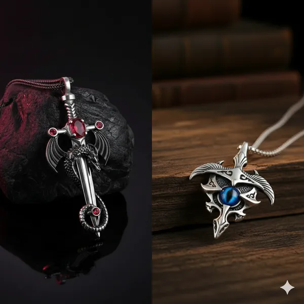 Set_of_2_Dragon_Sword_&_Warrior_Shield_Pendant_Combo_for_Men_–_Antique_Silver_Finish_with_Ruby_Red_&_Sapphire_Blue_Crystal_Accents_–_Stainless_Steel_Chain_Necklace