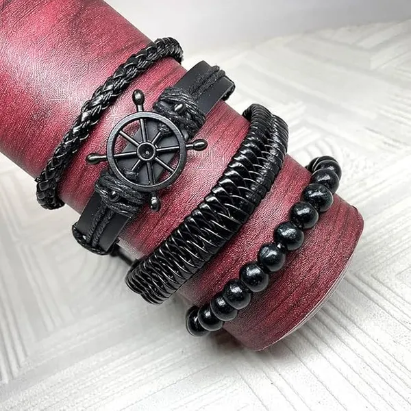 Pack_Of_4_Black_Leather_Bracelet_For_Men