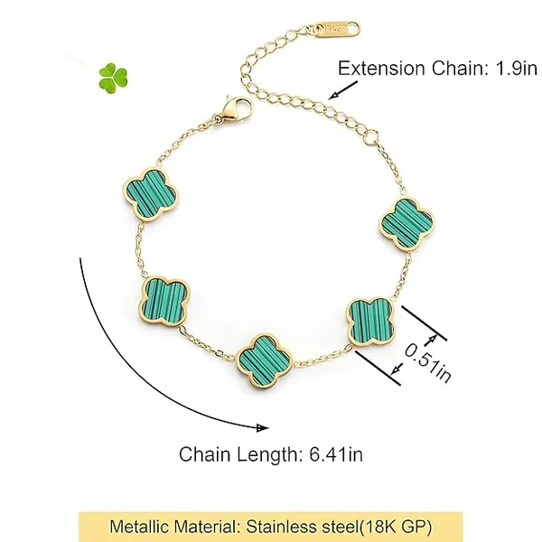 Stainless_steel_Women_Green_Four_Leaf_Clover_Gold_Plated_Non_tarnish_Chain_Bracelet