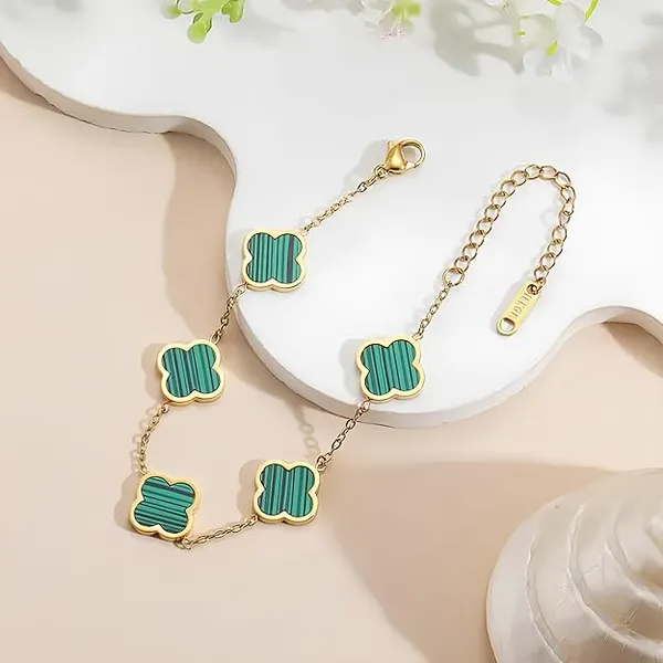 Stainless_steel_Women_Green_Four_Leaf_Clover_Gold_Plated_Non_tarnish_Chain_Bracelet