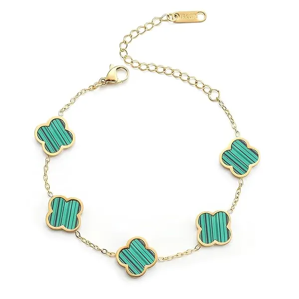 Stainless_steel_Women_Green_Four_Leaf_Clover_Gold_Plated_Non_tarnish_Chain_Bracelet