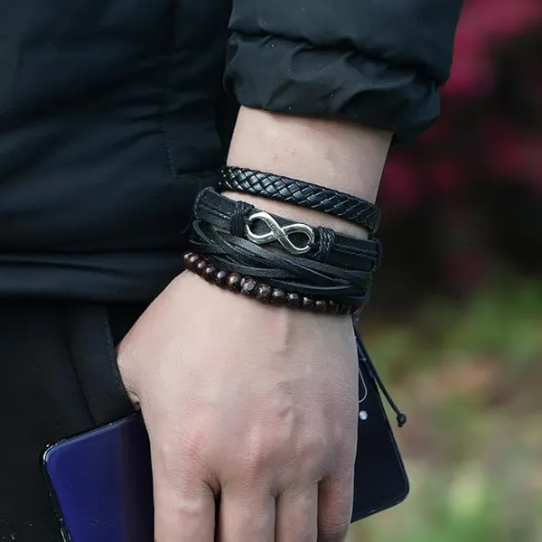 Bracelets_for_Men_Boys_Girls_Women_Black_Leather_Bracelet_for_Men_|_Hand_Adjustable_Leather_Wrap_|_Birthday_Gift_Husband_Wrist_|_Hand_Band_for_Boys_Pack_Of_4_Brown_And_Black_Leather_Bracelet_For_Men